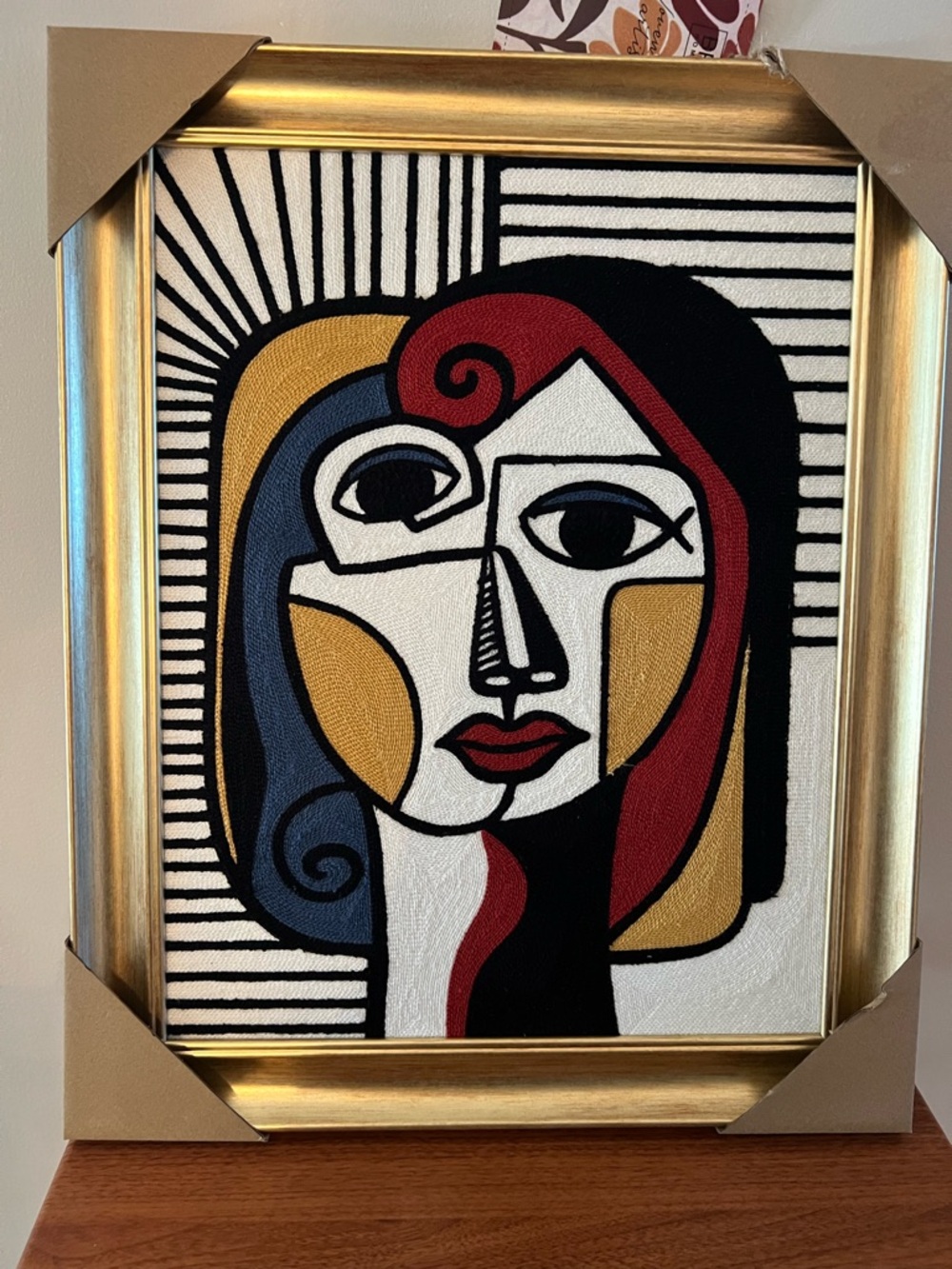 NEW BP HOME Woven Textile Embroidered Modern Cubist Portrait. 17"x 21" framed.